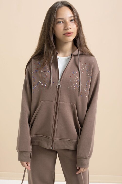 Kahverengi Kız Çocuk Şardonlu Boncuk İşlemeli 2li Takım 21416