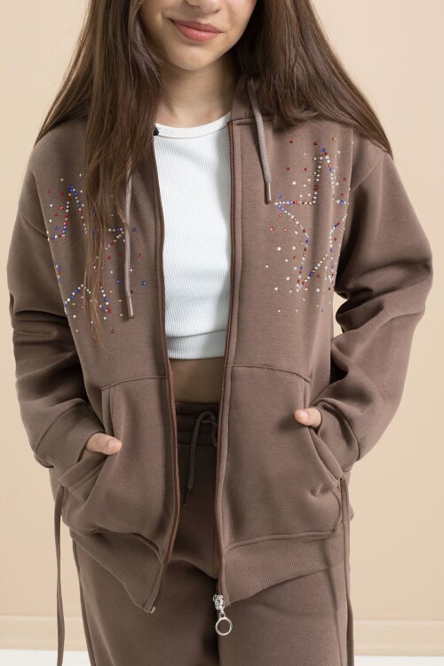 Kahverengi Kız Çocuk Şardonlu Boncuk İşlemeli 2li Takım 21416