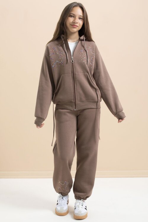 Kahverengi Kız Çocuk Şardonlu Boncuk İşlemeli 2li Takım 21416