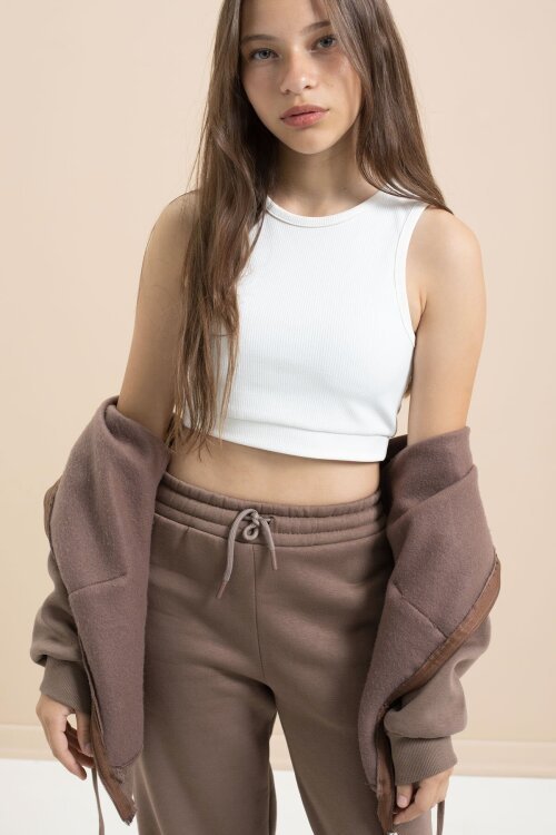 Kahverengi Kız Çocuk Şardonlu Boncuk İşlemeli 2li Takım 21416