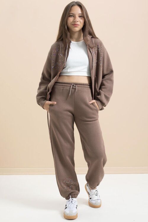 Kahverengi Kız Çocuk Şardonlu Boncuk İşlemeli 2li Takım 21416