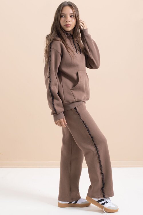 Kahverengi Kız Çocuk Şardonlu Dantel Detaylı 3 İplik Takım 21505