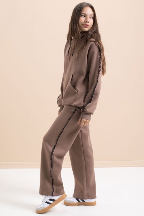 Kahverengi Kız Çocuk Şardonlu Dantel Detaylı 3 İplik Takım 21505