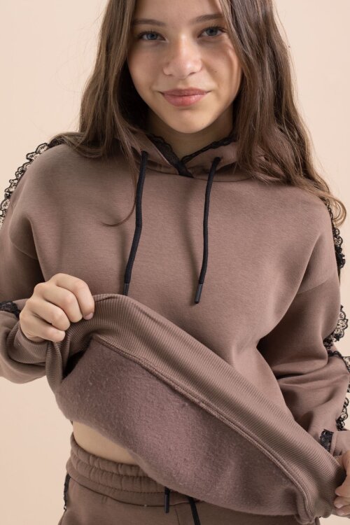 Kahverengi Kız Çocuk Şardonlu Dantel Detaylı 3 İplik Takım 21505