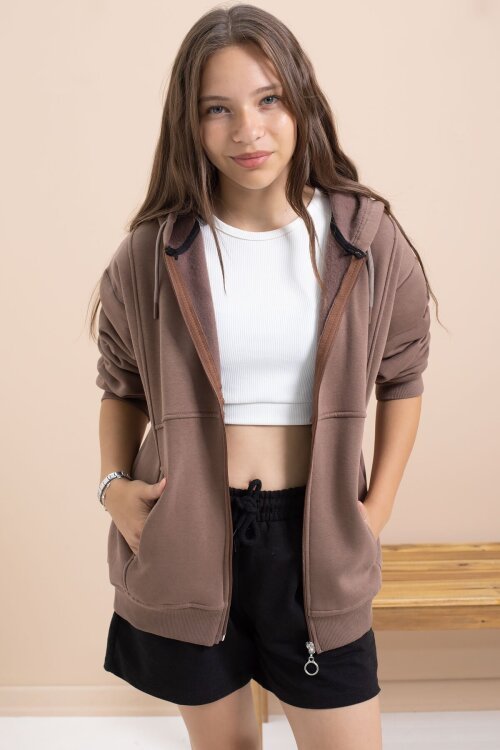 Kahverengi Kız Çocuk Şardonlu Kapüşonlu Hırka 21521