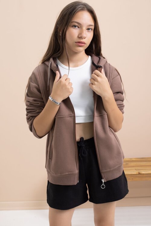 Kahverengi Kız Çocuk Şardonlu Kapüşonlu Hırka 21521