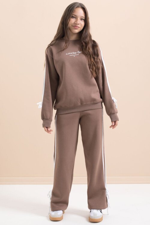 Kahverengi Kız Çocuk Şerit Detaylı 3 İplik Şardonlu Takım 21515