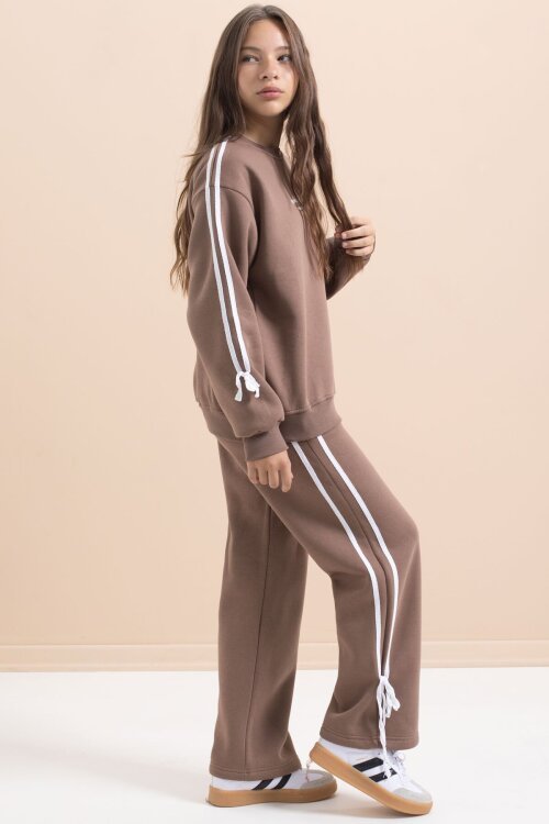 Kahverengi Kız Çocuk Şerit Detaylı 3 İplik Şardonlu Takım 21515