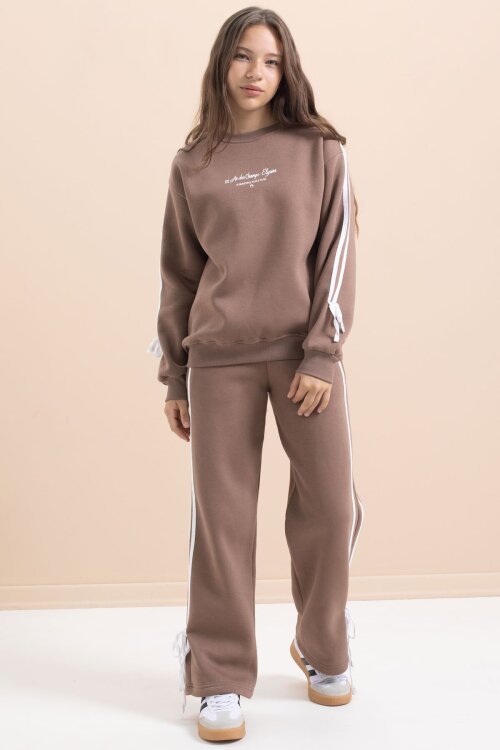 Kahverengi Kız Çocuk Şerit Detaylı 3 İplik Şardonlu Takım 21515