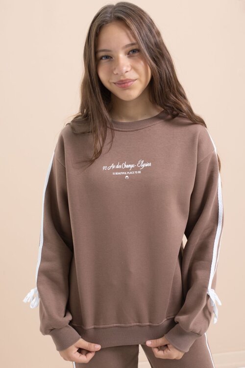 Kahverengi Kız Çocuk Şerit Detaylı 3 İplik Şardonlu Takım 21515