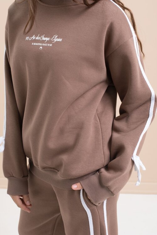 Kahverengi Kız Çocuk Şerit Detaylı 3 İplik Şardonlu Takım 21515