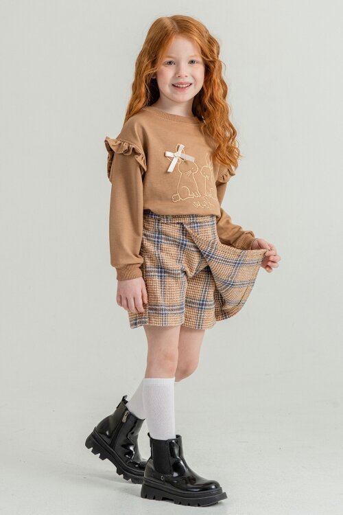 Kahverengi Kız Çocuk Tavşan Nakışlı Ekose Desenli Şort Etekli 2li Takım 21538