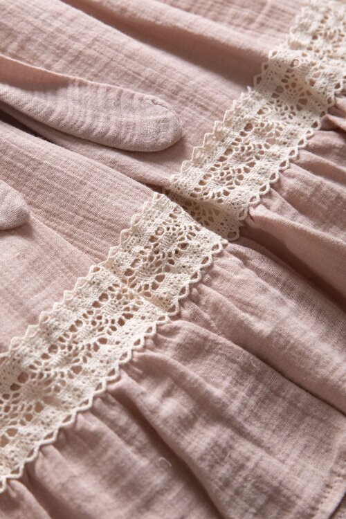 Kahverengi Kolları Dantel Detaylı Kuşaklı Kız Çocuk Müslin Elbise 22669