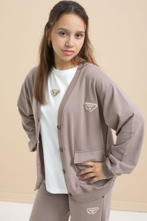 Kahverengi Logo Detaylı Düğmeli Hırkalı kız Çocuk Yırtmaçlı 3lü Atl-Üst Takım 21376