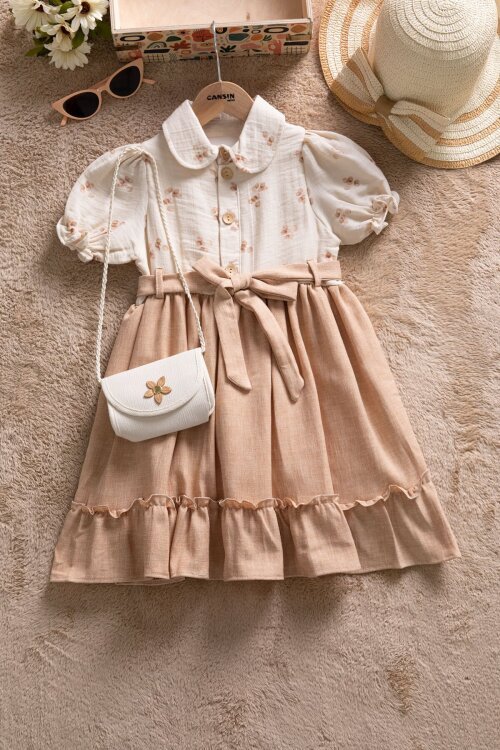Kahverengi Müslin Kumaş Desenli Kız Çocuk Çantalı Kısa Kol Elbise  22657