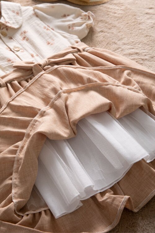 Kahverengi Müslin Kumaş Desenli Kız Çocuk Çantalı Kısa Kol Elbise  22657