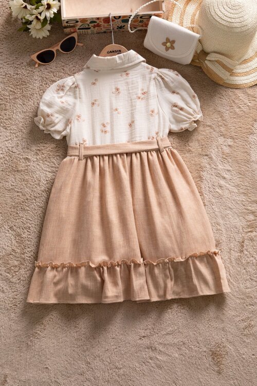 Kahverengi Müslin Kumaş Desenli Kız Çocuk Çantalı Kısa Kol Elbise  22657