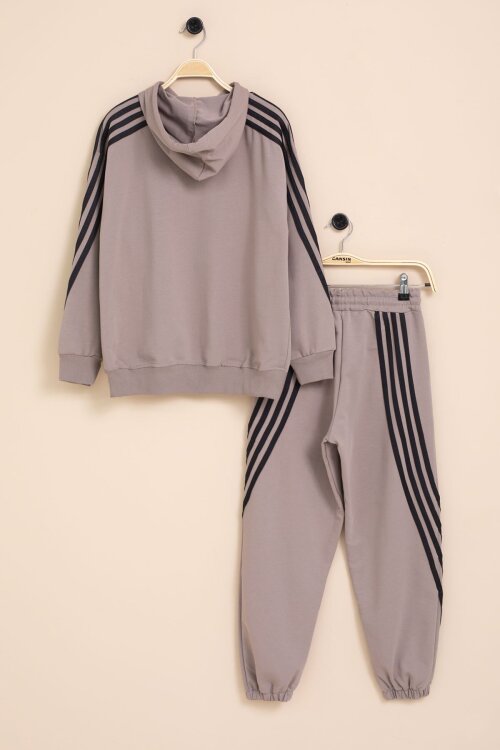 Kahverengi Şerit Detaylı Yazı Baskılı Kapüşonlu Erkek Çocuk Eşofman Takımı 21452