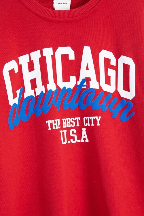 Kırmızı Chicago Baskılı Bisiklet Yaka Erkek Çocuk 2li Eşofman Takımı 22730