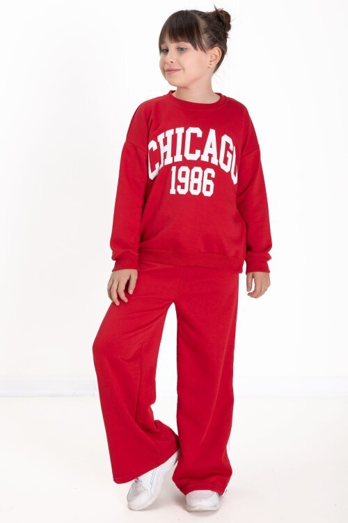 Kırmızı Chicago Baskılı Kız Çocuk Şeritli Eşofman Takımı  22742