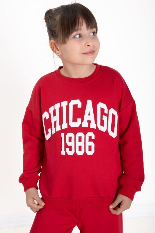 Kırmızı Chicago Baskılı Kız Çocuk Şeritli Eşofman Takımı  22742