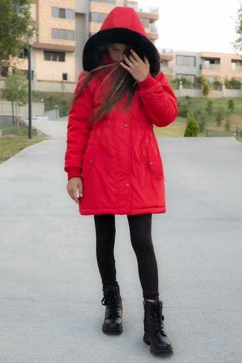 Kırmızı Çıtçıtlı Cepli Esnek Bel İçi Kürklü Kız Çocuk Kapüşonlu Mont 21305