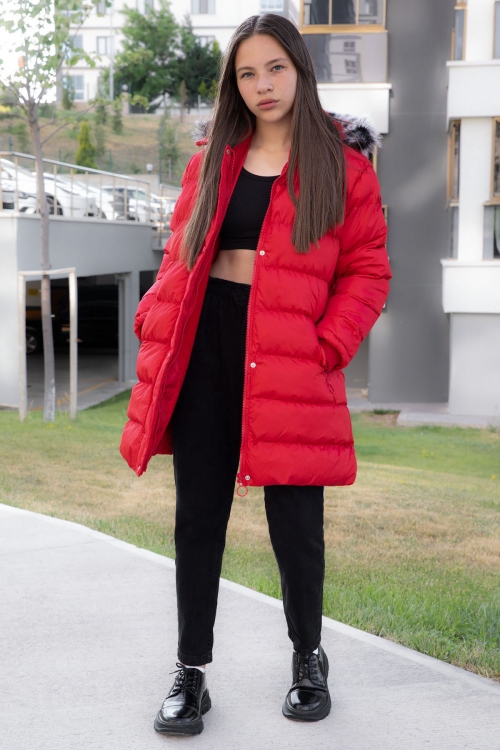 Kırmızı İçi Kürklü Çıtçıtlı Kapüşonlu Kız Çocuk Şişme Mont 21321