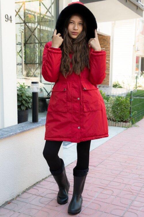 Kırmızı Kapaklı Cepli İçi Kürklü Çıkarılabilir Kapüşonlu Kız Çocuk Şişme Mont 21484
