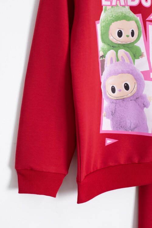 Kırmızı Karakter Baskılı Bisiklet Yaka Kız Eşofman Takımı 23276