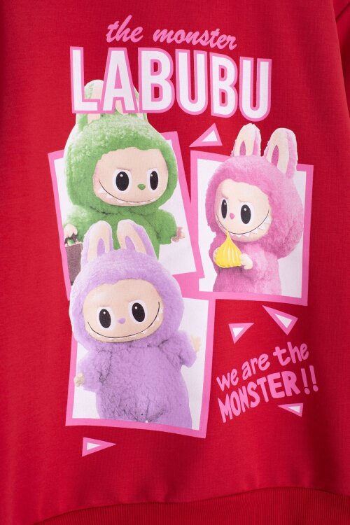 Kırmızı Karakter Baskılı Bisiklet Yaka Kız Eşofman Takımı 23276