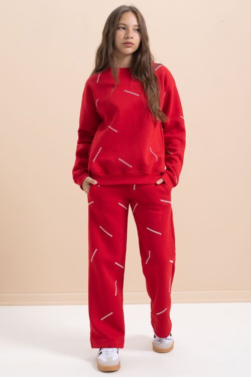 Kırmızı Kız Çocuk Desenli 3 İplik Şardonlu Geniş Paça Eşofman Takımı 22645