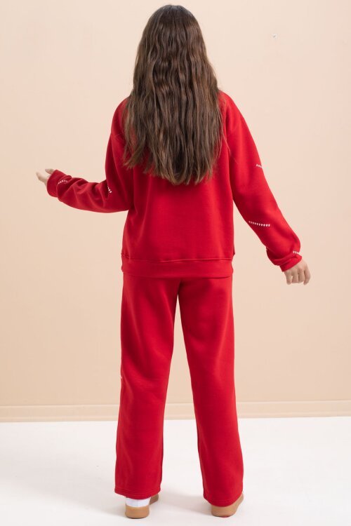 Kırmızı Kız Çocuk Desenli 3 İplik Şardonlu Geniş Paça Eşofman Takımı 22645