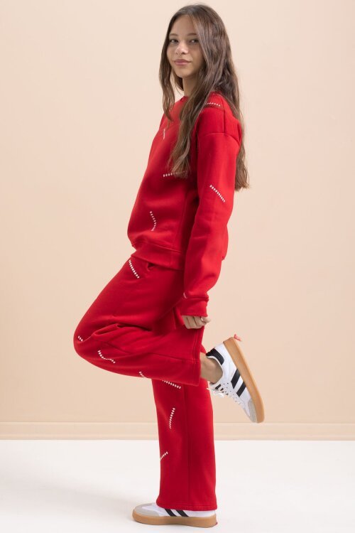 Kırmızı Kız Çocuk Desenli 3 İplik Şardonlu Geniş Paça Eşofman Takımı 22645