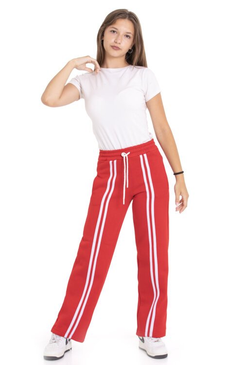 Kırmızı Önü Şeritli Geniş Paça Şardonlu Kız Çocuk Basic Eşofman Altı 21273