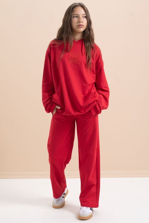 Kırmızı Yazı Baskılı Kapüşonlu Geniş Paça Kız Çocuk Eşofman Takımı 21431