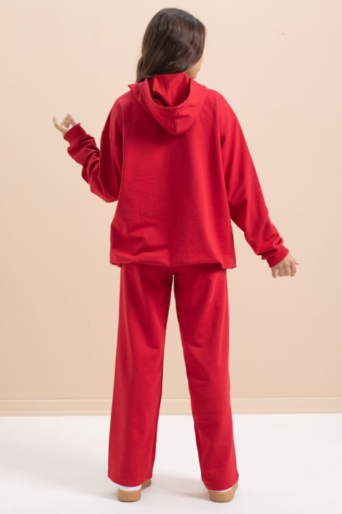 Kırmızı Yazı Baskılı Kapüşonlu Geniş Paça Kız Çocuk Eşofman Takımı 21431