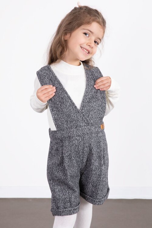 Koyu Gri Kız Çocuk Melanj Krem Badili Salopet Takım  22695