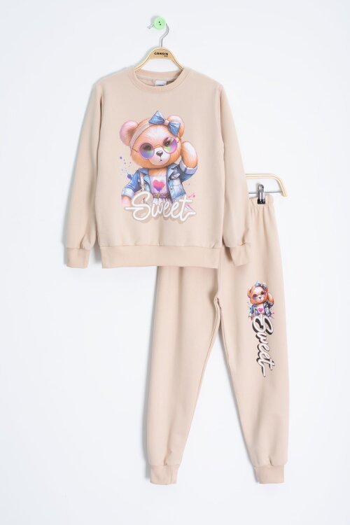 Krem Ayıcık Baskılı Beli Lastikli Kız Çocuk Eşofman Takımı  22753