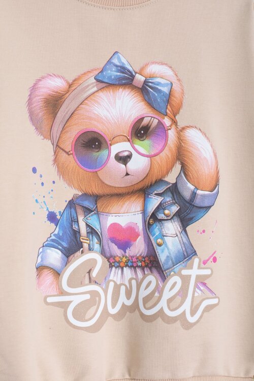 Krem Ayıcık Baskılı Beli Lastikli Kız Çocuk Eşofman Takımı  22753