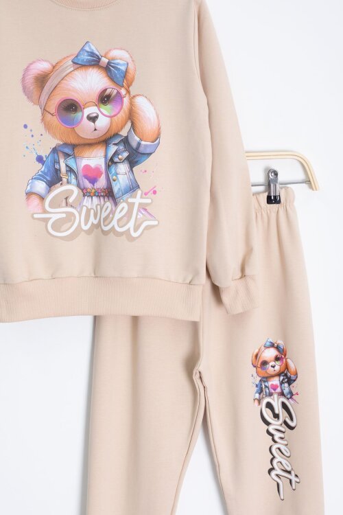 Krem Ayıcık Baskılı Beli Lastikli Kız Çocuk Eşofman Takımı  22753
