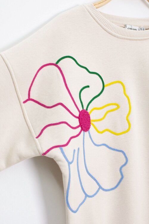 Krem Çiçek Nakış Detaylı Geniş Paça Kız Çocuk Şardonlu Takım 23284