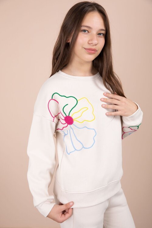 Krem Çiçek Nakış Detaylı Geniş Paça Kız Çocuk Şardonlu Takım 23284