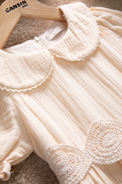 Krem Dantel İşlemeli Kuşaklı Kız Çocuk Müslin Elbise  22659