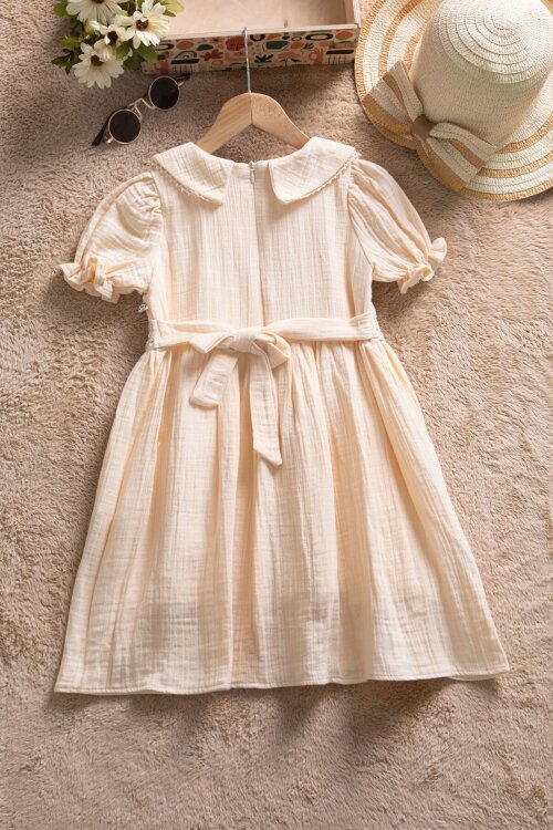 Krem Dantel İşlemeli Kuşaklı Kız Çocuk Müslin Elbise  22659