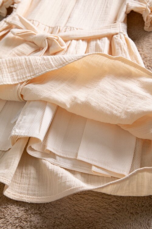 Krem Dantel İşlemeli Kuşaklı Kız Çocuk Müslin Elbise  22659