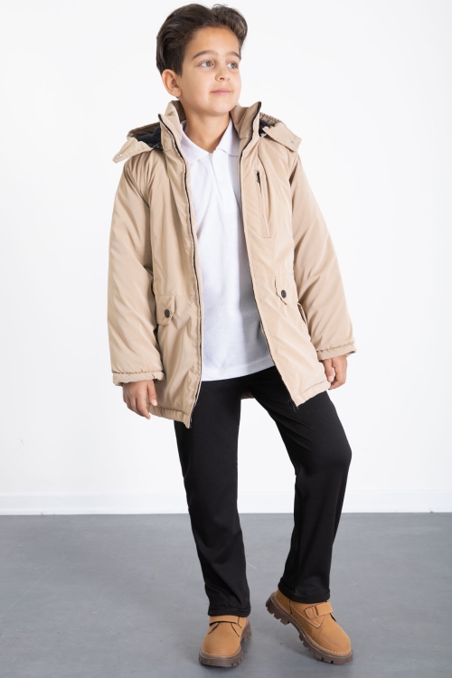 Krem Fermuarlı Göğüs Cepli İçi Kürklü Erkek Çocuk Kapüşonlu Mont 21358