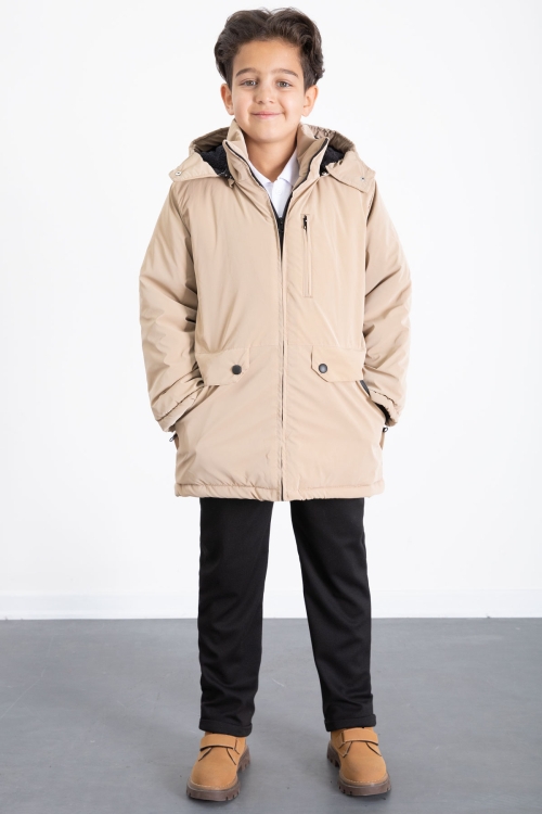 Krem Fermuarlı Göğüs Cepli İçi Kürklü Erkek Çocuk Kapüşonlu Mont 21358