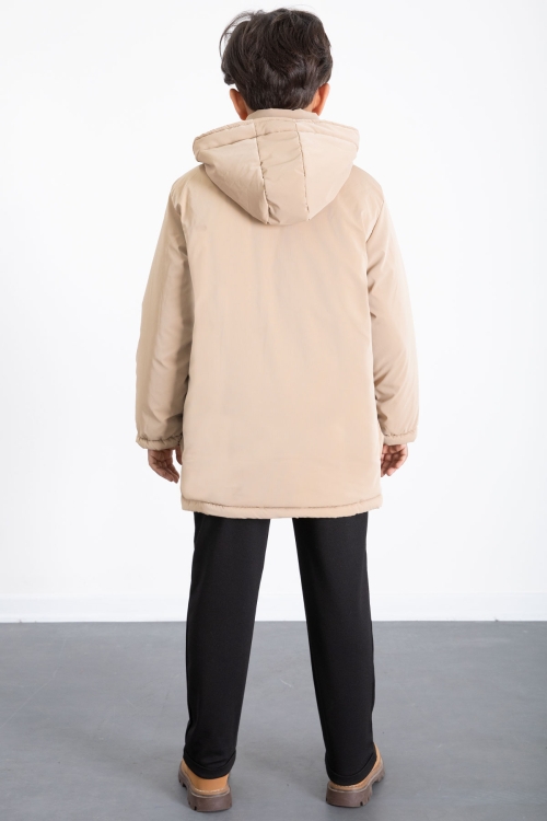 Krem Fermuarlı Göğüs Cepli İçi Kürklü Erkek Çocuk Kapüşonlu Mont 21358