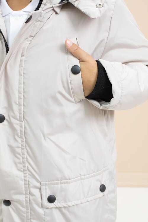 Krem İçi Kürklü Çıtçıtlı Cepli Uzun Kesim Erkek Çocuk Kapüşonlu Şişme Mont 21447