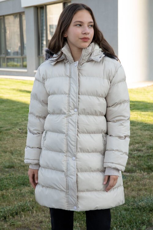 Krem İçi Kürklü Çıtçıtlı Kapüşonlu Kız Çocuk Şişme Mont 21316